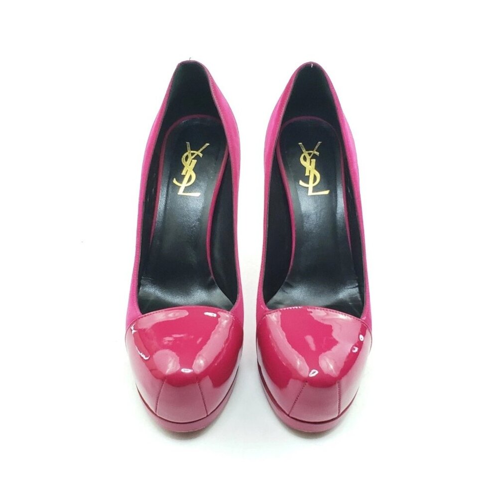 Yves Saint Laurent Tribtoo Platform Pumps Pink Suede Patent Cap Toe 36.5 US 6.5
